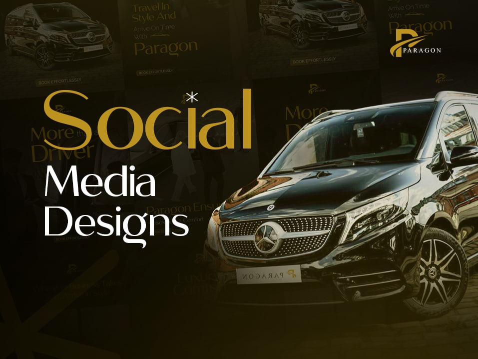 Paragon luxury chauffeur social media design set, Mercedes V-Class on a dark gold campaign layout